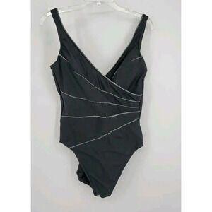 MIRACLESUIT One Piece Swimsuit Criss Cross Front Sz 16 Black w/ Black White Trim